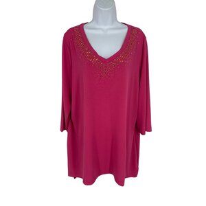 Quacker Factory V-Neck  Embellished Neck 3/4 Sleeves Blouse Size XL